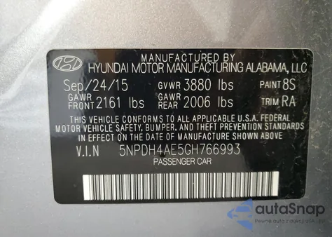 2016 Hyundai Elantra Se z USA, uszkodzony, nr VIN 5NPDH4AE5GH766993